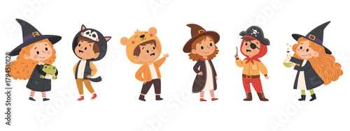 Set of cute kids in halloween costumes. Trick or treat.  Vector illustration in cartoon style.