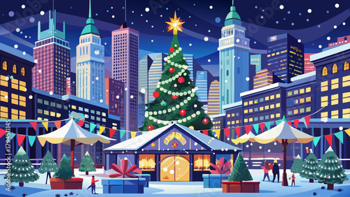 Bryant Park Winter Village in New York decorated with festive lights, a tall Christmas tree, and snowfall covering the scene, creating a magical urban holiday atmosphere