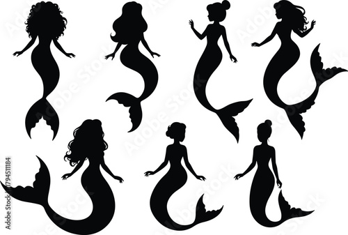 Mermaid silhouettes with unique hairstyles, fantasy sea characters, mythical creatures, ocean life, underwater design flat vector