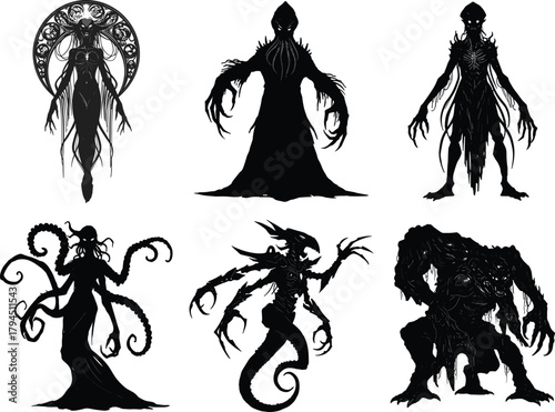 Monster silhouette illustration, alien horror creature design with claws tentacles grotesque body shapes, fantasy sci fi artwork, flat vector