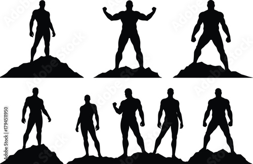 Muscular male silhouettes, strong heroic figures, bodybuilding poses, rocky terrain strength, fitness power character flat vector