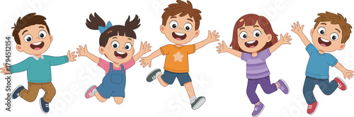 Joyful children jumping together, happy kids playing, diverse group illustration, childhood fun, celebration, friendship, flat vector