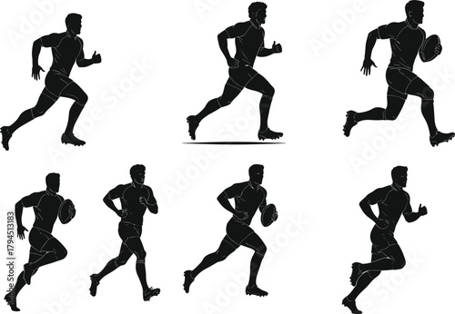Football player running with ball, athlete silhouettes, sports action, dynamic motion, strength flat vector illustration