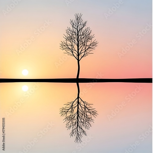 Silhouette of Bare Tree Mirrored in Calm Water at Sunset branches reflection