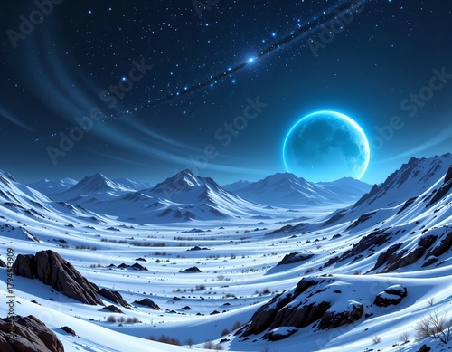 Icy Extraterrestrial Landscape Under Starry Night Sky