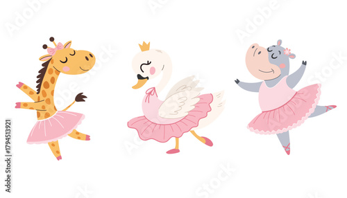 A cute animals is doing ballet. Vector in a cute children's style.