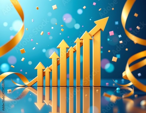 Abstract Business Growth Scene with Golden Arrows and Ribbons