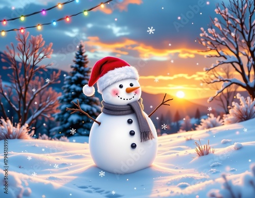 Cheerful Snowman with Santa Hat Winter Sunset Scene