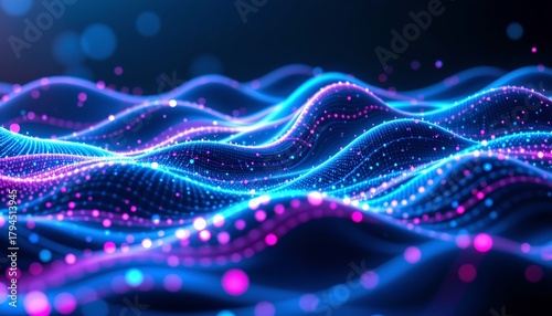 Abstract Digital Landscape with Glowing Blue and Purple Lines