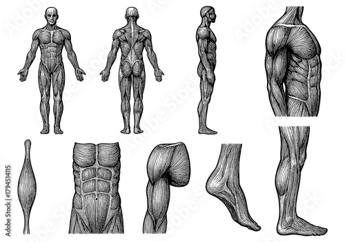 Detailed anatomical diagrams of human muscular system in vintage engraving style