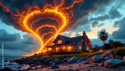 Cozy Shoreline House with Dramatic Dust Storm Dusk