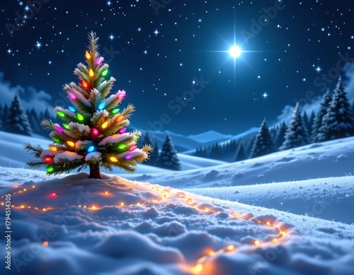 Whimsical Snowy Night with Frosted Evergreen and Starry Sky