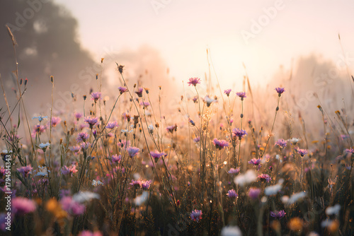 flower meadow glowing in warm sunrise light with soft mist and gentle rays creating a calm cinematic spring atmosphere