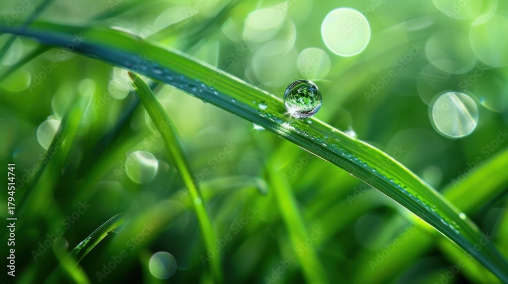 Fototapeta premium Close-up of a water droplet on a green grass blade with blurred green background, representing nature and freshness.