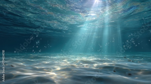 Fototapeta Naklejka Na Ścianę i Meble -  Underwater Sea - Deep Water Abyss With Blue Sun light light, underwater, water, deep, ocean, blue, sea