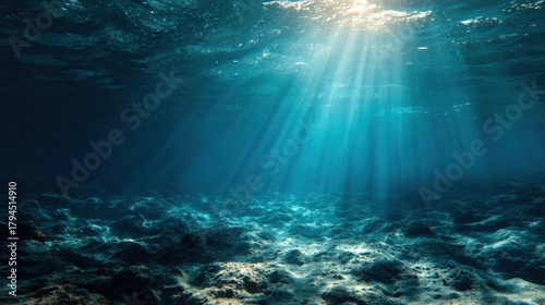 Fototapeta Naklejka Na Ścianę i Meble -  Underwater Sea - Deep Water Abyss With Blue Sun light deep, light, blue, ocean, sea, water, underwater