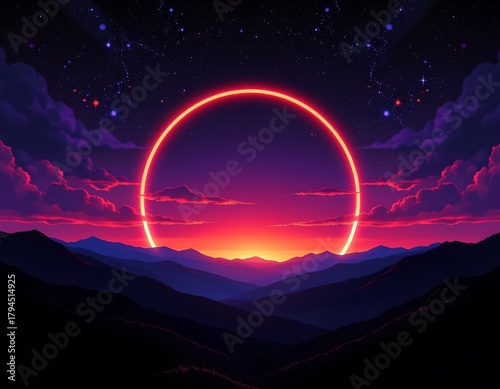 Elegant Neon Dusk Sky with Glowing Crescent Horizons