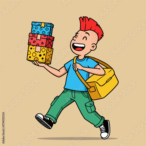 Joyful cartoon punk boy with red mohawk carrying stacked colorful gifts and a yellow messenger bag.