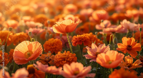 A field of orange and peach colored flowers bathed in warm sunlight during the golden hour glow