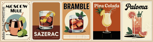 Vintage cocktail poster series of Moscow Mule, Sazerac, Bramble, Piña Colada, and Paloma in retro Art Deco style, bold typography, clean lines, and colorful illustrations