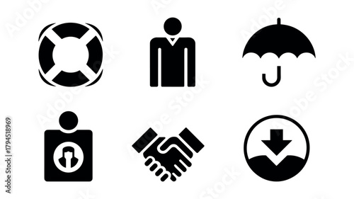 Black Insurance and Business Icons Set Isolated on White Background
