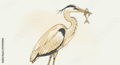 A heron caught a fish. Template for business or t-shirt design. Color vector. EPS version.