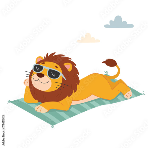 Lion in sunglasses lying on a towel and sunbathing on the beach. Vector illustration in cartoon style on white background.