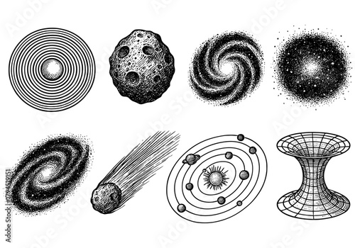 Intricate space and astronomy symbols: celestial bodies, galaxies, and cosmic patterns