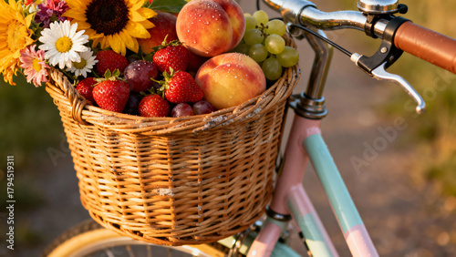Fresh Fruits and Flowers in Wicker Basket on Vintage Bicycle in Warm Sunshine