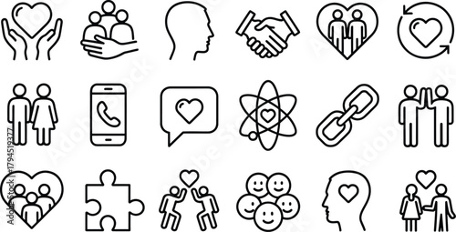 relationships, teamwork, Love, friendship and social connections concept editable stroke outline icons set.