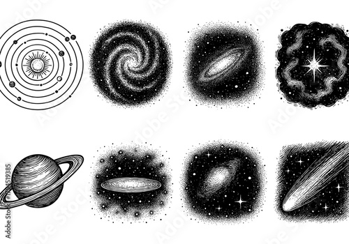 Hand drawn celestial bodies and galaxies in detailed cosmic sketches