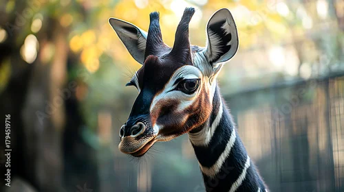 Fototapeta Okapi stands observant, showing distinctive striped markings and unique features, a rare rainforest mammal