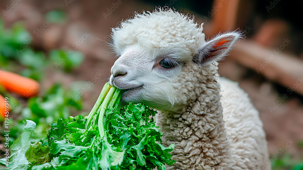 Obraz premium Cute baby alpaca with soft white fleece enjoying a healthy diet of leafy greens, promoting natural nutrition and animal welfare