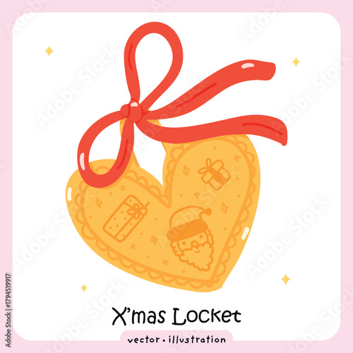 Cute Cartoon Heart Locket with Red Ribbon and Merry Xmas Inscription - Vector illustration