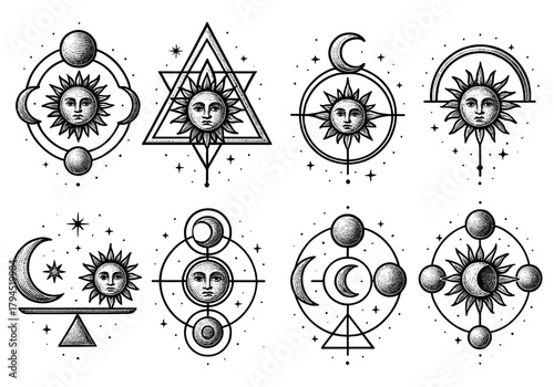 Mystical celestial patterns with sun and moon in geometric designs