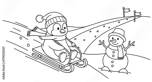 Cute penguin in a winter hat joyfully sledding down a snowy hill, while a cheerful snowman waves nearby, creating a delightful winter scene for coloring pages