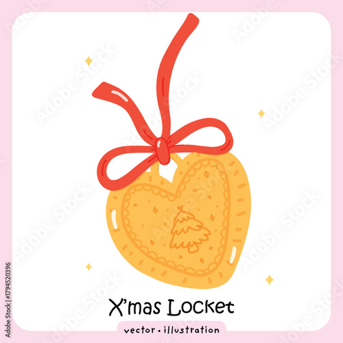 Cute Cartoon Heart Locket with Red Ribbon and Merry Xmas Inscription - Vector illustration
