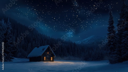 A cozy cabin in a snowy landscape under bright stars at night, offering warmth and tranquility in a winter wonderland.