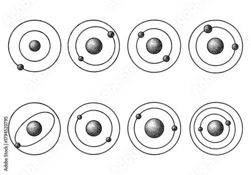 Set of eight atomic orbit models with hand-drawn style