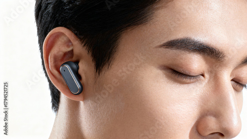 Close-up of Young Man Listening to Music with Wireless Earbuds in Stylish Setting