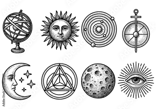 Vintage celestial symbols and astronomical elements collection