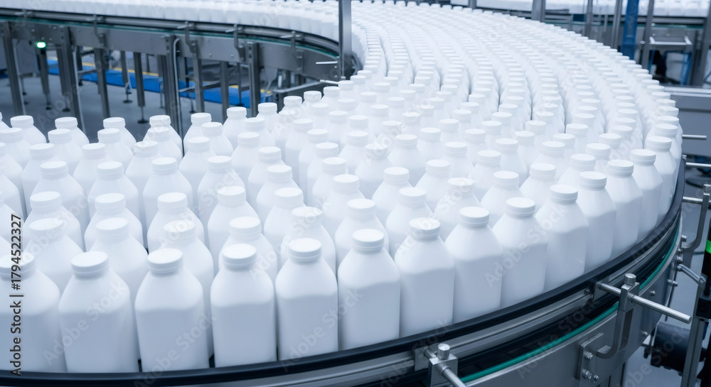 Fototapeta premium Rows of white plastic bottles moving on a conveyor belt in a factory