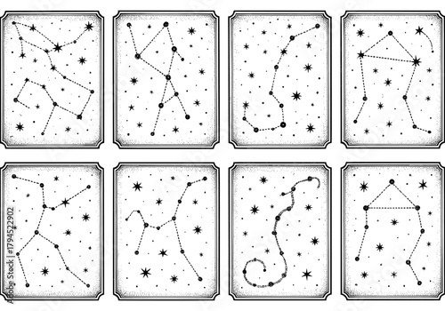 Vintage zodiac constellations with decorative borders and stars
