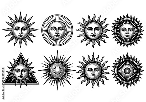 Vintage sun face designs: celestial art with retro sunburst patterns