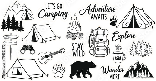 Illustration of camping adventure sticker set with tent, backpack, campfire, mountains, and forest elements for outdoor activities and exploration, perfect for nature lovers