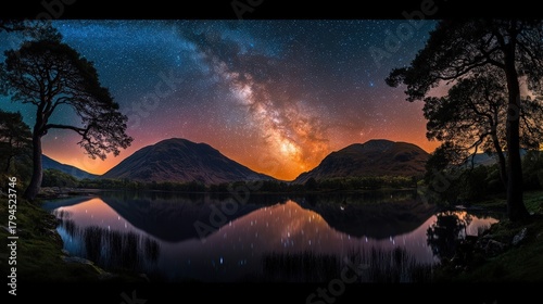 Starlit night over calm lake surrounded by majestic mountains and trees, reflecting the beauty of the Milky Way sky.
