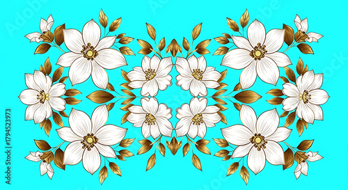 Symmetrical floral pattern with white flowers and golden leaves on a turquoise background design element