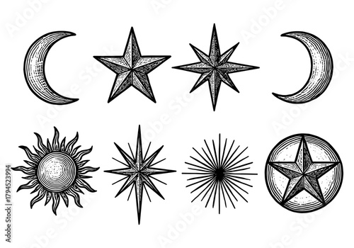 Vintage celestial icons set: sun, moon, and stars in hand-drawn style