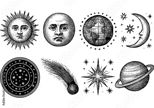 Vintage celestial bodies and cosmic elements in detailed etching style