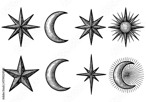 Intricate hand-drawn celestial shapes featuring stars and moons